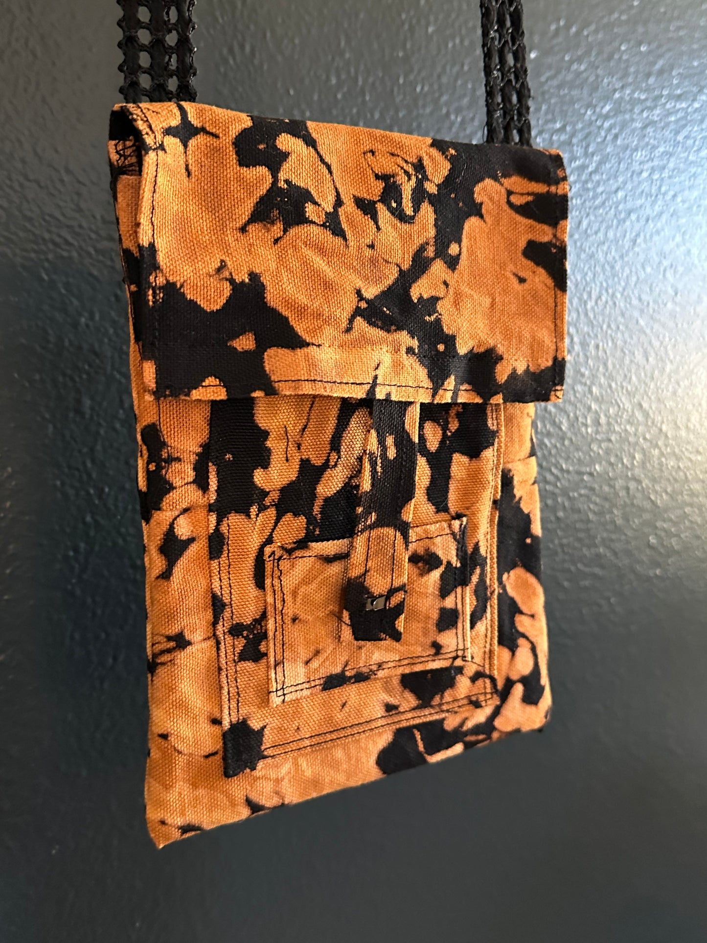 Handmade Bleached Orange and Black Denim Crossbody Purse