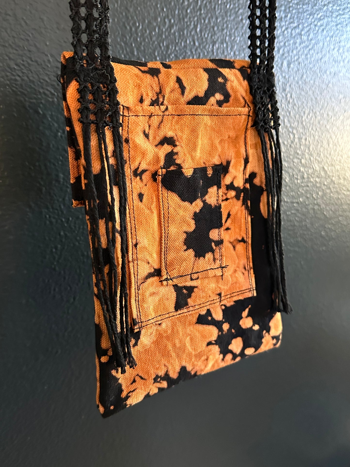 Handmade Bleached Orange and Black Denim Crossbody Purse